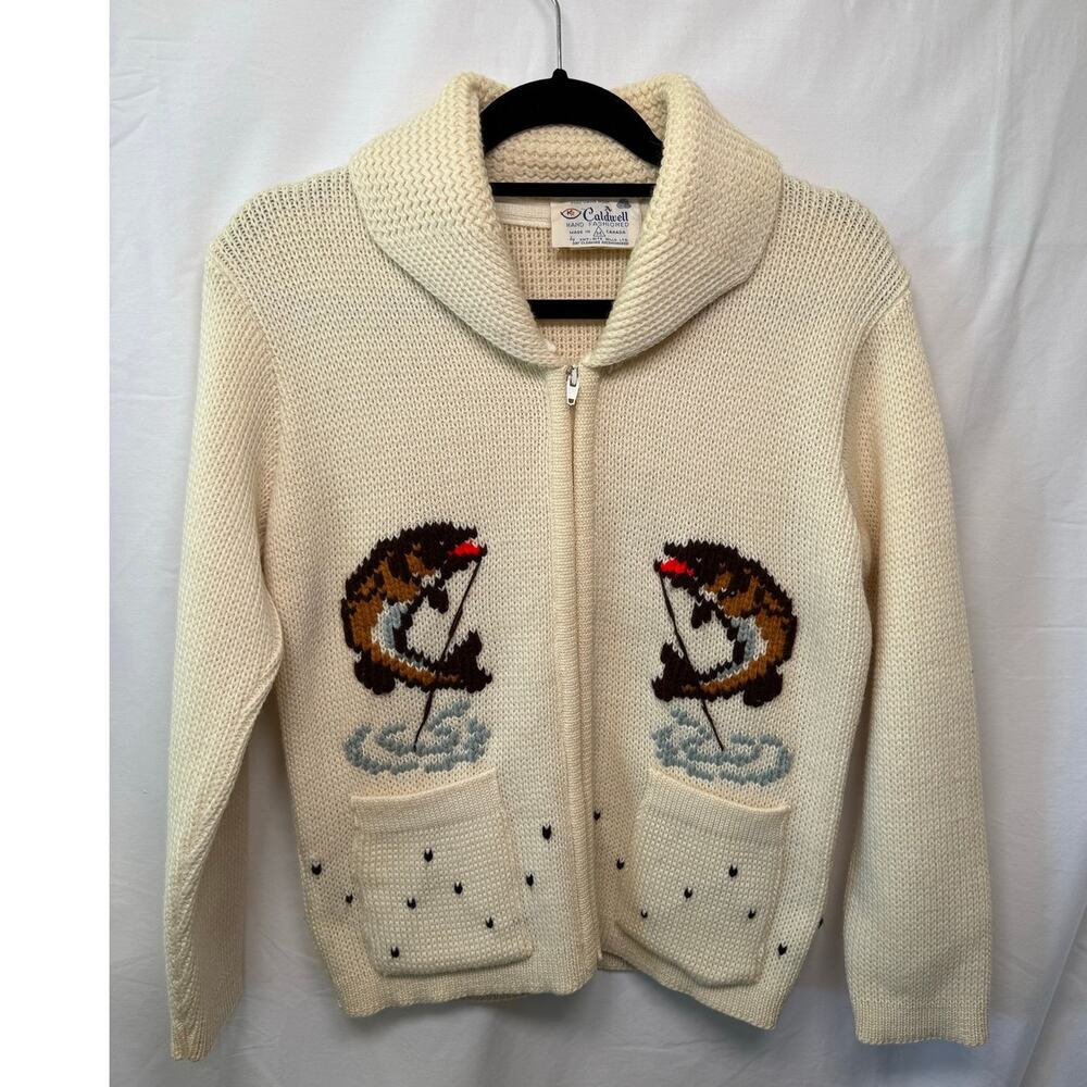 Caldwell Hand Fashioned 100% Virgin Wool Zip Fishing Cardigan - Vintage - Size M